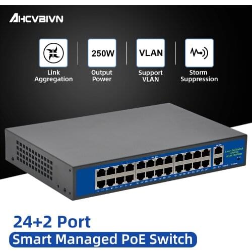 52V Network POE Switch Ethernet 10/100/1000Mbps 24ports IEEE 802.3af/at Suitable for IP camera/Wireless AP/CCTV camera 250m