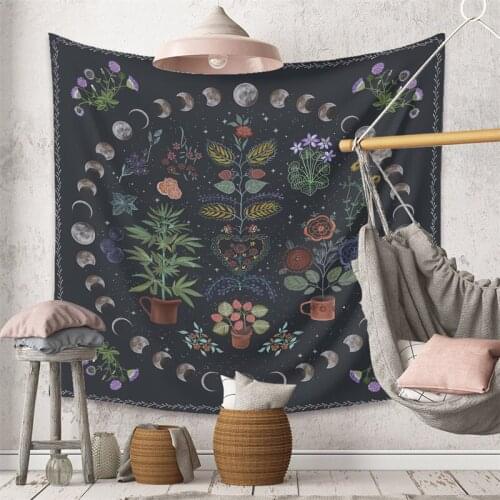 Boho Moon Floral Black Tapestry Wall Hanging Bohemian Home Decor Trippy Tapestry Living Room Bedroom Wall Decorative Tapestries