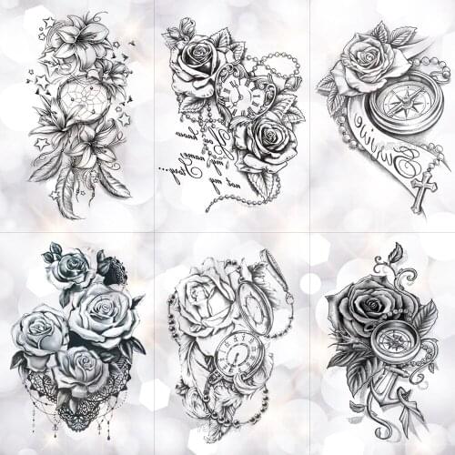 Rose Lace Crystal Clock Waterproof Temporary Tattoo Sticker Star Lily Feather Flash Tattoos Body Art Arm Fake Tatoo