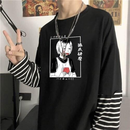 Funny Anime Haikyuu Kenma Kozume Fake Two Piece T Shirt Harajuku Streetwear Korean Fashion Long Sleeve Stripe Summer Men Tshirts