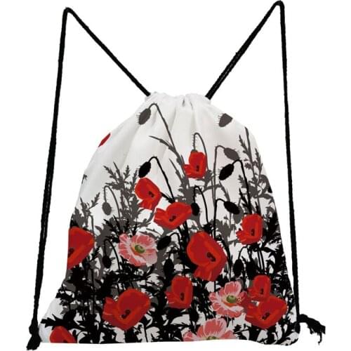 Red Floral Printed Drawstring Backpack Sports Gym Bag Women Men Swimming Travel Storage Bag Eco Reusable Teenager Girls Bookbag