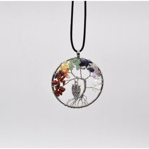 Hot Sale 6pcs Owls Round Tree Of Life Pendant Necklace Green Turquoises Natural Stone Crystal Quartz Amulet Collar Jewelry Free