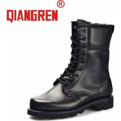 QIANGREN Military Brand Mens Genuine Leather Wool Rubber Winter Black Snow Boots Outdoors Army Tactical Boots Botas Cow Leather