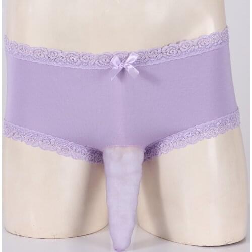 Mens Lingerie Sissy Underwear Lace Trimming Sissy Briefs See-through Mesh Open Butt Panties Bulge Pouch Mid Waist Underpants