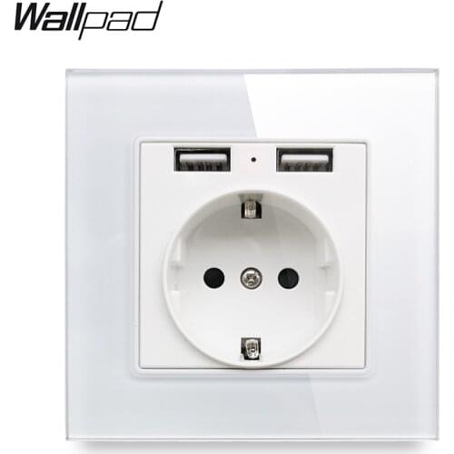 EU Wall Socket with 2.4A 2 x USB Charging Ports Wallpad Glass Single Power Outlet Plate EU Standard Socket with Two USB Ports