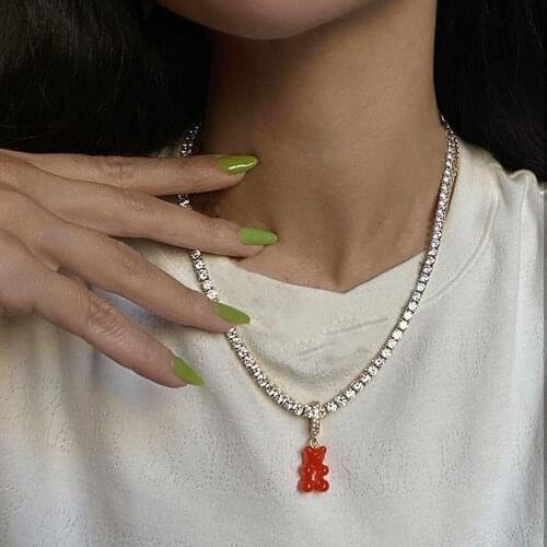 Sexy Cute Color Resin Small Bear Pendant Necklace Jewelry Fashion All-match Rhinestone Necklace Personality Neck Accessories