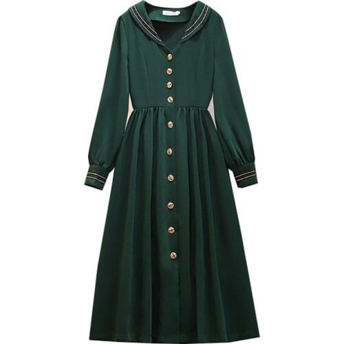 PERHAPS U Women Elegant Green Shawl Collar Long Sleeve Knee Length Dress Vintage Button Solid D2200