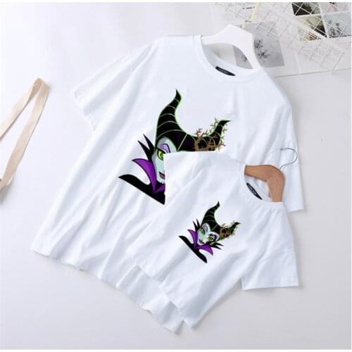 Family Matching T Shirts Summer Short Sleeve Casual White Tshirts Maleficent Disney Princess Printed Cute Mommy And Me Clothes