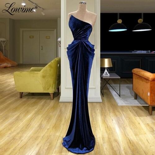Navy Blue Velvet Evening Dress 2020 Strapless Long Mermaid Party Dress African Dubai Arabic Simple Prom Dresses Vestido De Festa