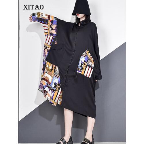 XITAO Patchwork Print Casual Long Blouse Women 2020 Autumn Tide Fashion New Style Turn Down Collar Batwing Sleeve Pocket XJ4754