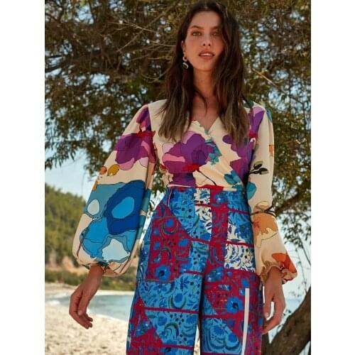 Women Ecru Floral Printed Sexy V-Neck Cruise Peplum Blouse Shirt Spring Summer Beach Holiday Casual Bohemian Style Tops 2021 New