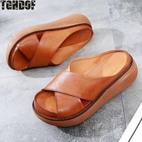 Womens Summer Sandals Beach Slippers Casual Style Soft Leather Wedges Platform Wild High-heeled 2021