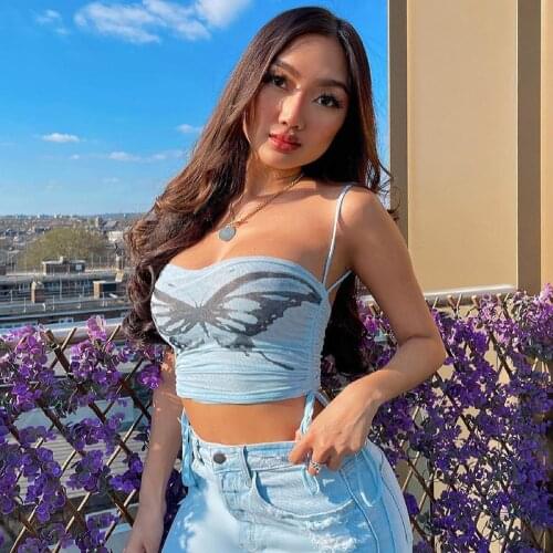 Women Cami Tops 2021 Summer Butterfly Mesh Sheer Sexy Club Tank Tops Sleeveless Spaghetti Strap Side Drawstring Crop Top Female