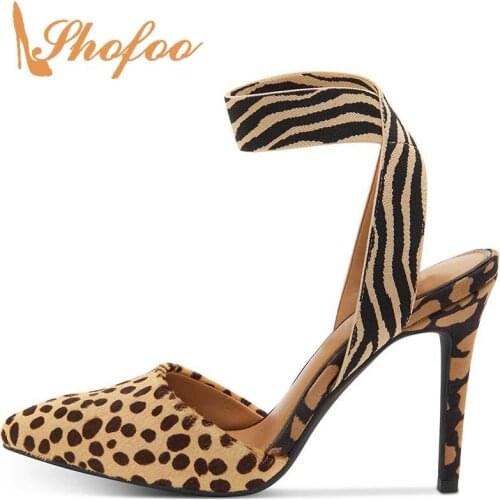 Leopard Summer Women Lady Flock Pumps Slip-on Super High Thin Thick Heels Pointed Toe Office&Career Mature Adult Large Size 5 15