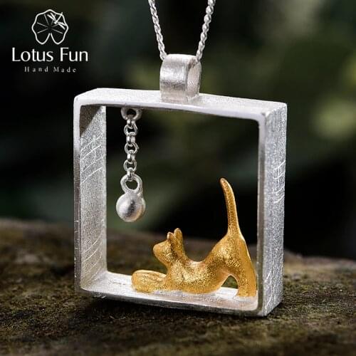 Lotus Fun Real 925 Sterling Silver Designer Fine Jewelry 18K Gold Fashion Cat Playing Balls Pendant without Necklace for Women