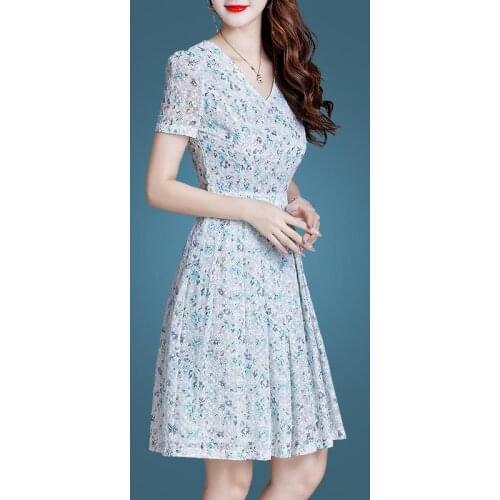 New Small Floral Dress Soft Summer V-neck Fresh Waist Show Thin Temperament Medium Long Womens Cocktail Dresses 9160