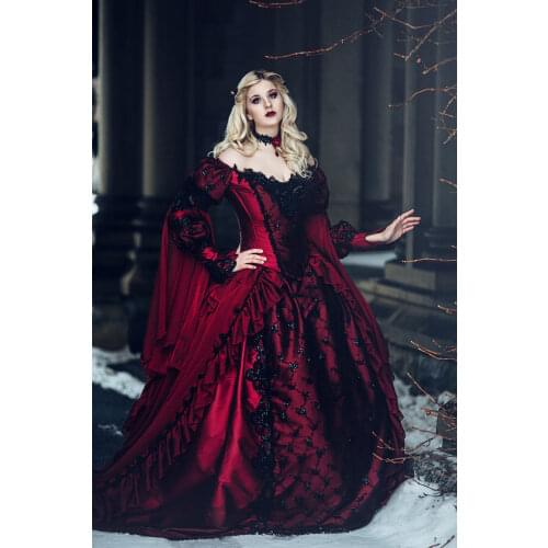 2021 Gothic Sleeping Beauty Princess Medieval Red and Black Ball Gown Wedding Dress Long Sleeve Lace Appliques Victorian Dresses