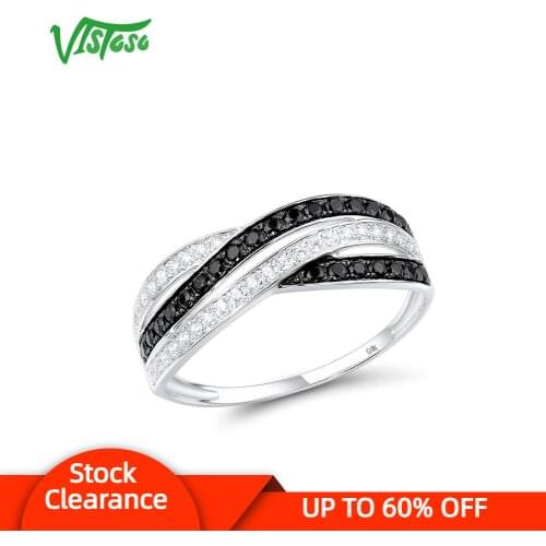 VISTOSO Gold Rings For Women Genuine 9K 375 White Gold Ring Sparkling White CZ Black Spinel Promise Band Rings Fine Jewelry