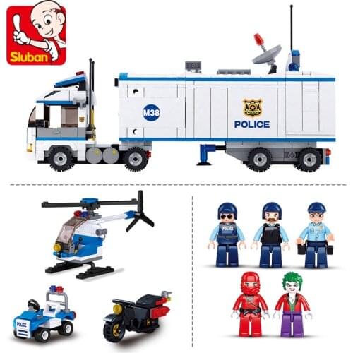 572PCS SLuban 0376 Mobile Police Station Truck Assembly Model Boy Small Particles Assembled Building Blocks Toy Gift