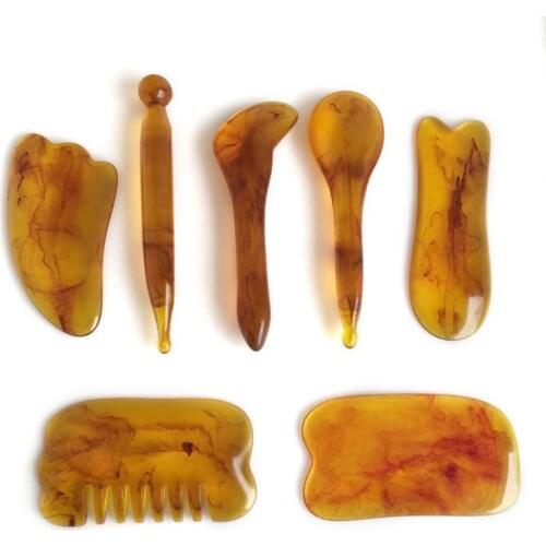 New 7pcs Natural Resin Amber Massage Scraping for Face Neck Gua Sha Scraper Therapy