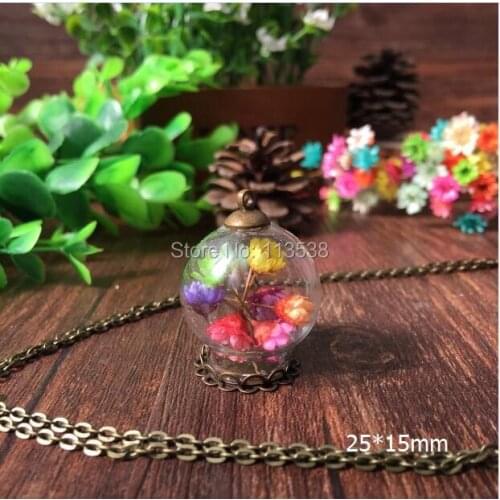 Free ship 20set/lot 25*15mm Glass Bubble vial with lace base with top cap with 70cm necklace set DIY vial pendant glass bubble
