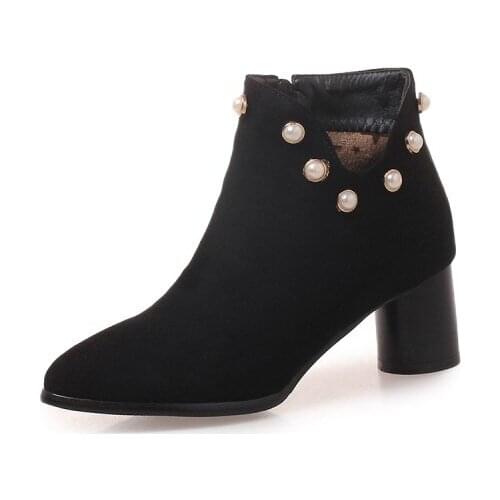 Big Size Ma'am Coarse heel Short boots Pearl decoration boot barrel Suede high-heeled boots
