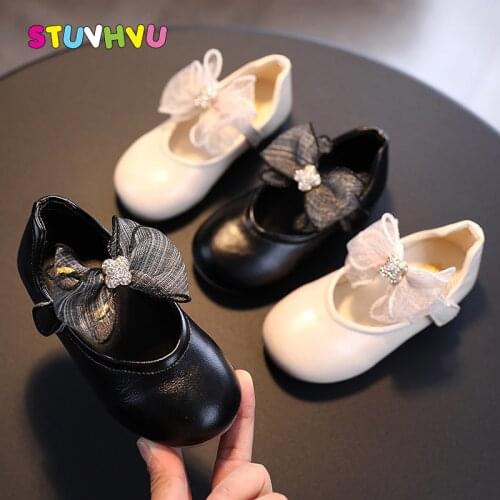 Black Leather Girls Shoes Rhinestone Lace Bow Princess Shoes for Kids 2021 New Spring Autumn Childrens Shoes White Soft Flats