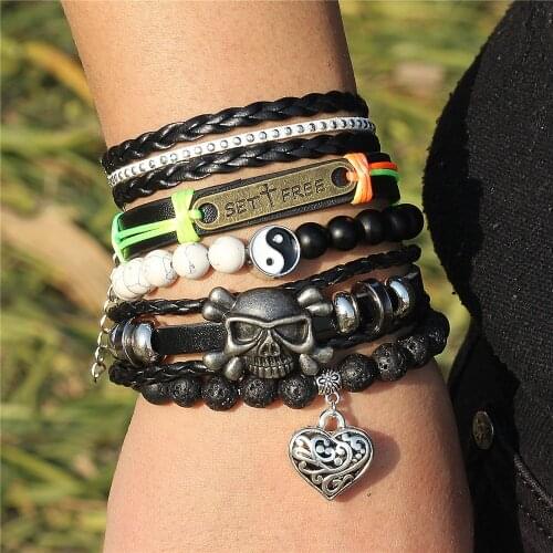 DGW 5PCS/SET Vintage Punk Leather Bracelet Men Woven Wrap Bangle Cross Skull Jewellery Frosted stone Charms Bracelets gifts