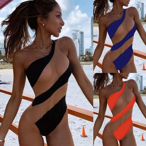 Womens Swimwear 2021 Sexy One-piece Suits Stripe Gauze Patchwork Mesh Bikini Beach Swimsuit Swim Bathing Suit Bodysuit Monokini