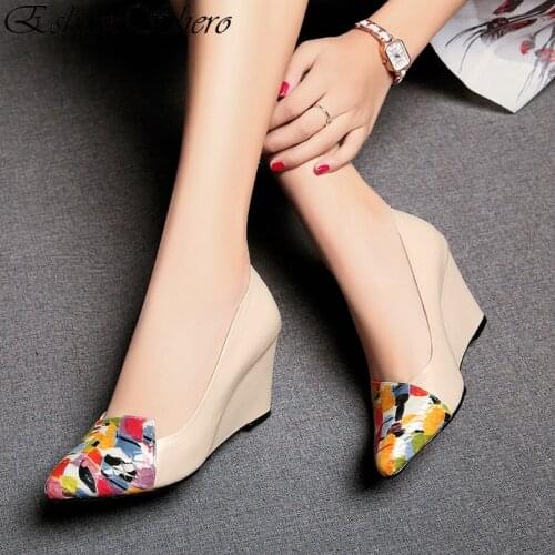 EshtonShero Spring Womens Shoes Woman Pumps Cow Leather+PU Wedge Heels Platform Camouflage Ladies Wedding Shoes Size 3-9