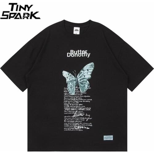 Streetwear Letter Butterfly Print T Shirt Hip Hop Harajuku Cotton Tshirt 2021 Men Summer Short Sleeve T-Shirt Black Tops Tees