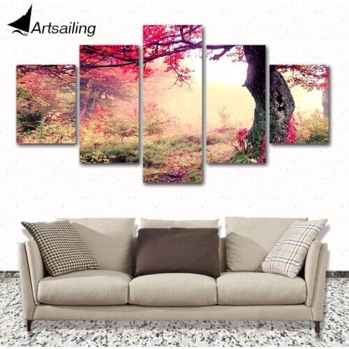 ArtSailing 5 Pieces painting Pink tree fantasy Scenery wall art canvas Painting Home Decoration For Living Room HD Prints