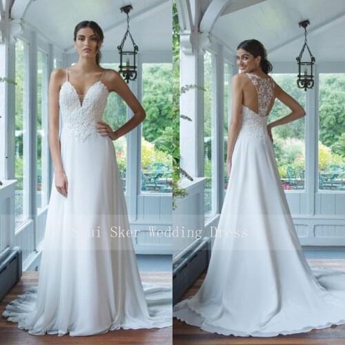 Beautiful Spaghetti Strap Wedding Gowns White Lace Bodice Flowing Chiffon Gown Chic Back Bridal Wedding Dresses 2019 New