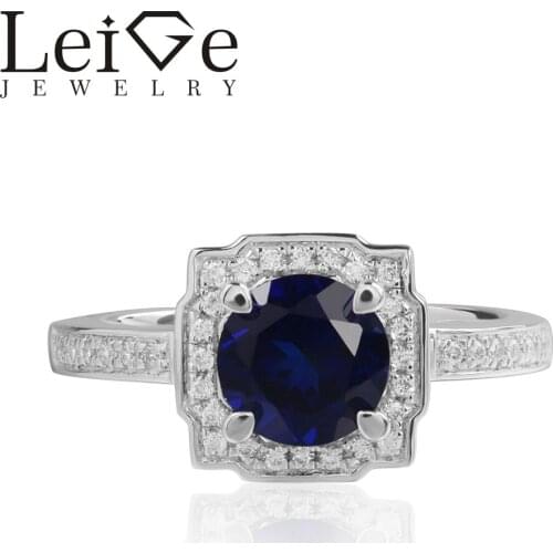 Leige Jewelry Lab Sapphire Rings Blue Gemstone Round Cut Halo For Woman 925 Sterling Silver September Birthstone Ring