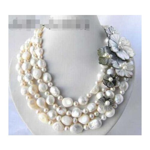 4Strands 18'' 13mm White Round Baroque Freshwater Pearl Shell Flower Necklace