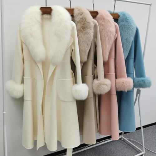 Cashmere Coat Women Long Removable Natural Fox Fur Collar Fluffy Soft Casual Cardigan Fashion Elegant Women Wool Jacket