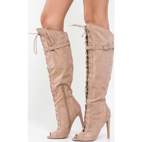 Sexy Women Buckle Belt Peep Toe Knee Boots Thin High Heels Ladies Spring Lace up Long Knight Boots
