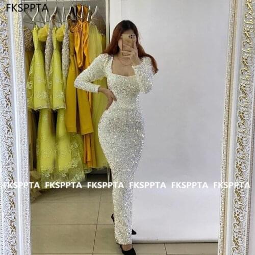 Elegant White Long Sleeves Prom Dresses Sheath Strapless Sequin Special Occasion Gowns Customize Arabic Women Formal Dress