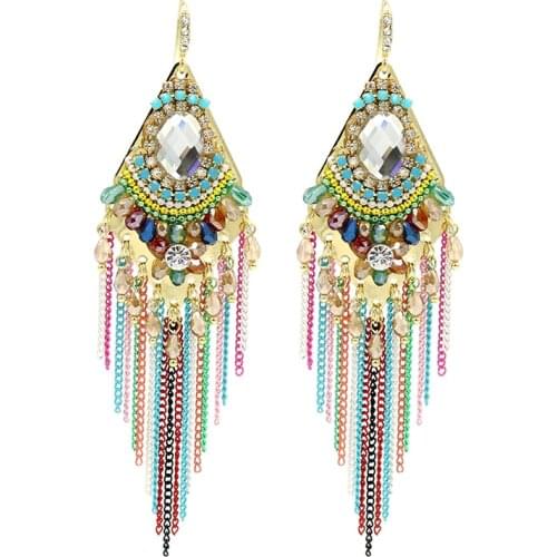 Handmade Crystal Rhinestone Black blue colorful Tassel Earrings Long bohemian Dangle Earrings For Women Fashion boho jewelry