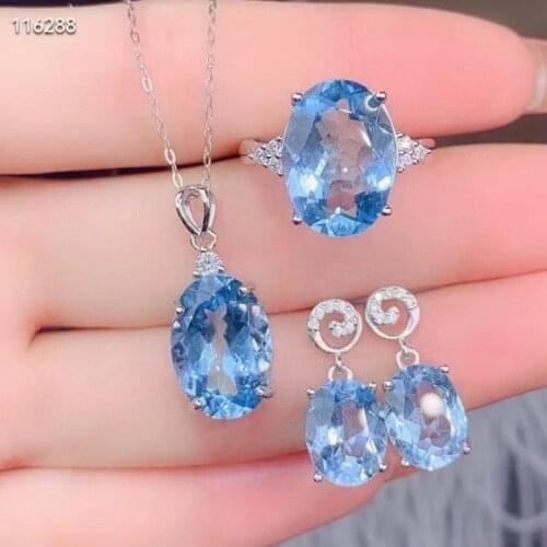 Natural Blue Topaz Women Men Faceted Adjustable Ring 8*10mm Pendant Earrings 10*14mm Clear Bead Topaz Healing Set AAAAA