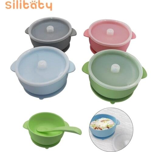 Silibaby 2PCS Silicone Baby Bowl 250ML With Lid Children Suction Cup Bowl Toddler Learning To Eat Tableware Baby Feeding Set