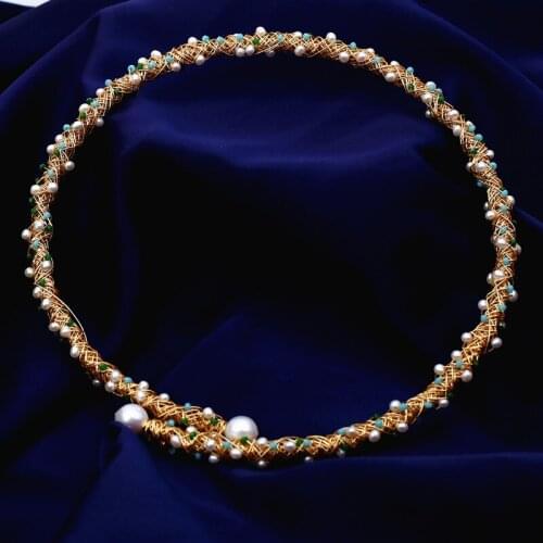 Blue turquoise small crystal real natural pearl beaded high quality jewelry for women pure hand wrap twist gold choker necklace