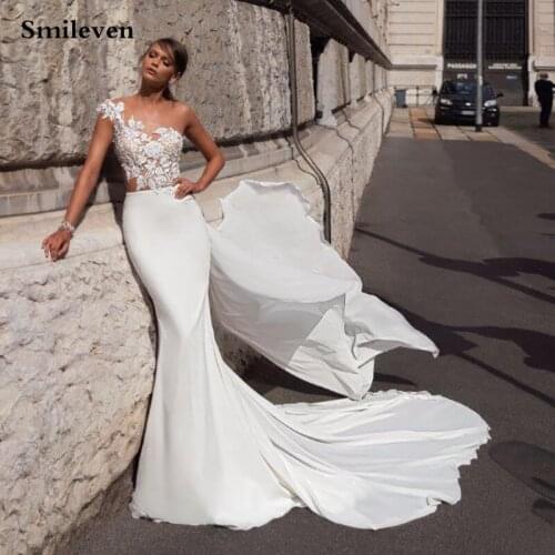 Smileven Mermaid Wedding dress Satin Lace Appliqued Boho Wedding Gown Nude Top Vestido De Noiva Bride Dresses