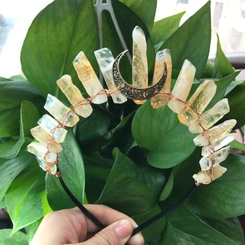 Natural Citrines Slice Crown Tiara,Brass Wire Wrapped Crystal Witch Party Bridal Witchcraft Women Hairbands Jewelry QC5027