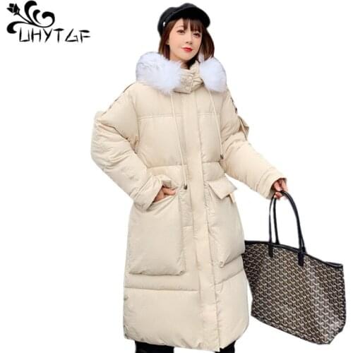 UHYTGF Women Down Jacket Plus Size Women Parka Thicken Outerwear hooded Winter Coat Female Down Cotton Jacket padded Parkas X563