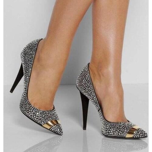 Spring Ladies Full Crystal Drilled Pumps Golden Strip Pointed Toe Women Spike High Heels Celebrity High Heels Mujer Zapatos