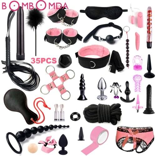 Adult SM BDSM Kits Adults Sex Toys For Women Men Handcuffs Nipple Clamps Whip Spanking Sex Metal Anal Plug Vibrator Butt Bondage