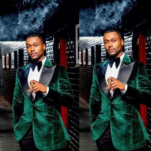 Green Velvet Men Suits Wear Wedding Blazer Tuxedos Gold Clothes for Groom Prom Coat One Jacket