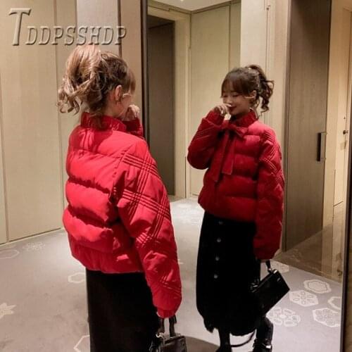 2019 New Winter Rhombus Women Parkas Bowknot Black Red Thick Female Coat
