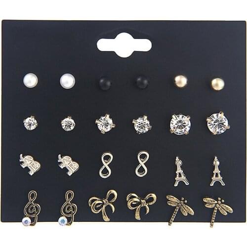 12Pairs Flower Earrings Set Womens Pearl Crystal Earrings Retro Geometry Set Earrings Party Earrings Ladies Gift